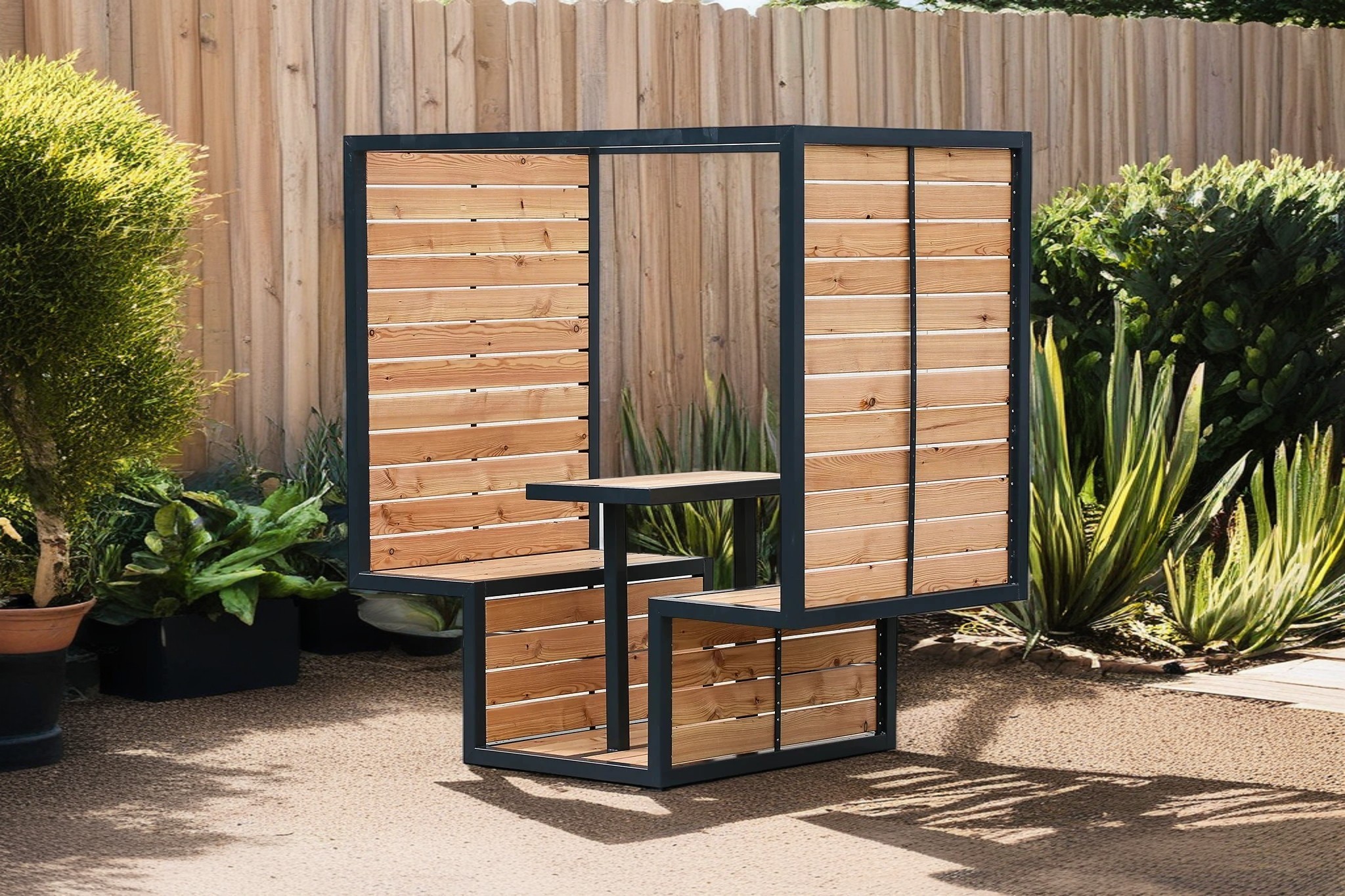 Banquettes et table Pausa, innovantes et modernes : créez un véritable coin détente pour vos pauses déjeuner en extérieur, à l’abri du soleil ou de la pluie.