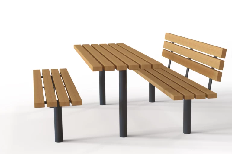 Table extérieure en mélèze ou bois dur naturel avec bancs assortis, conçue pour une utilisation durable en plein air.