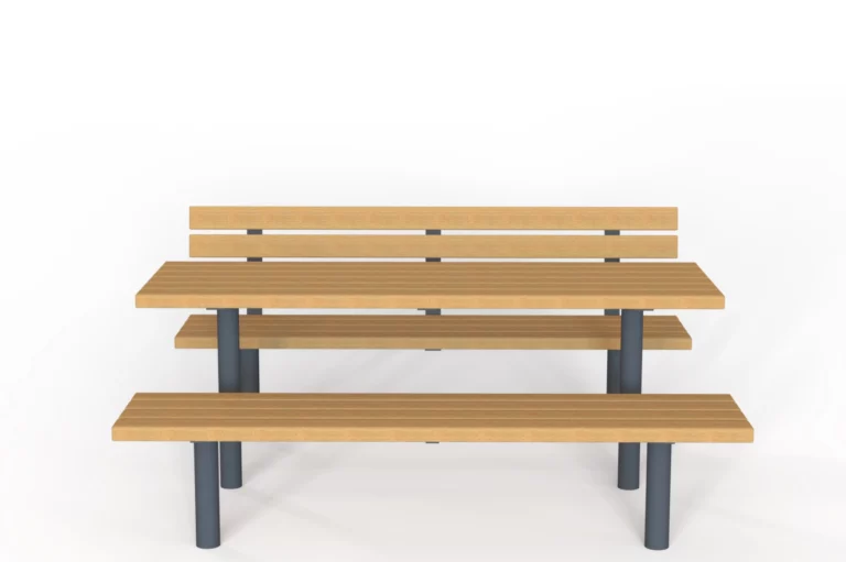 Table extérieure en mélèze ou bois dur avec structure en métal thermolaqué.