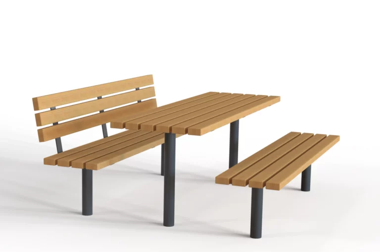 Ensemble table de jardin en bois dur avec structure en métal anthracite, idéal pour aménager un jardin privé moderne et durable.