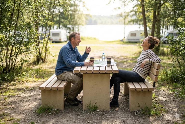 Table Rota avec bancs, mobilier urbain accessible en béton massif et bois pour parcs et villes modernes
