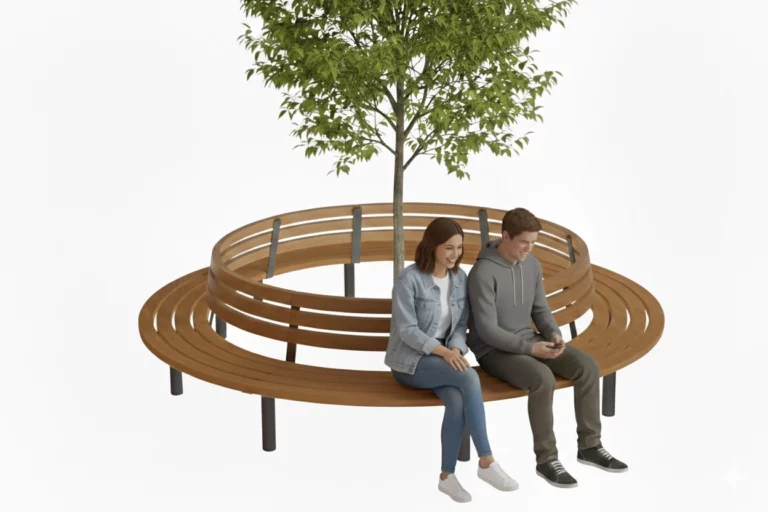 Banc circulaire Tibia avec dossier installé autour d’un arbre dans un espace public