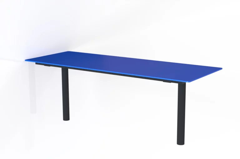 Table Tibia HPL bleue avec structure en acier galvanisé et un plateau en HPL