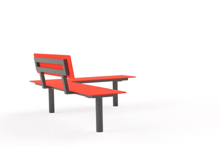 Vue arrière du banc d’angle Tabia HPL avec structure en acier et assises HPL
