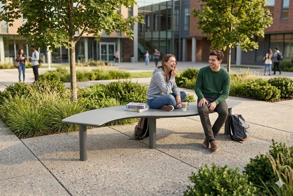 Banc circulaire Tibia HPL avec structure en acier dans un espace extérieur de campus