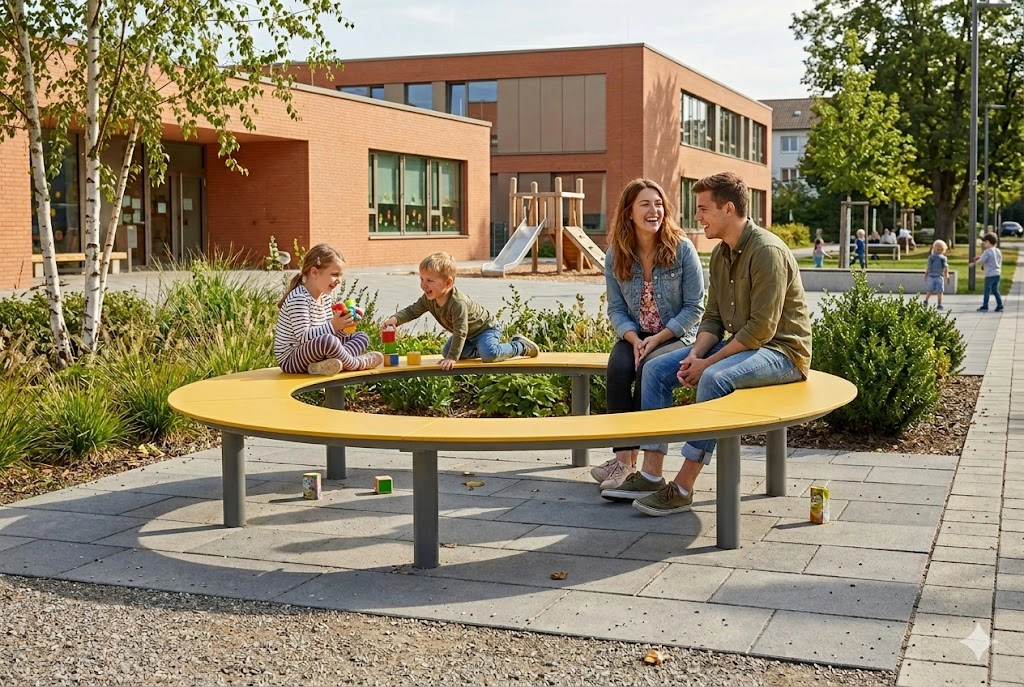 Banc circulaire Tibia HPL modulaire pour aménagement extérieur