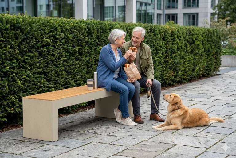 Banc moderne en béton avec assise HPL dans un parc