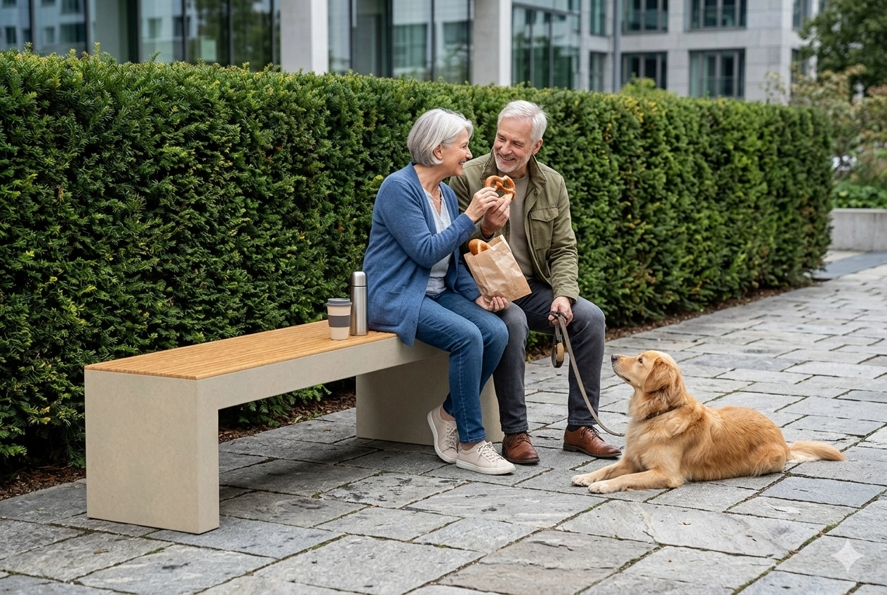 Banc moderne en béton avec assise HPL dans un parc