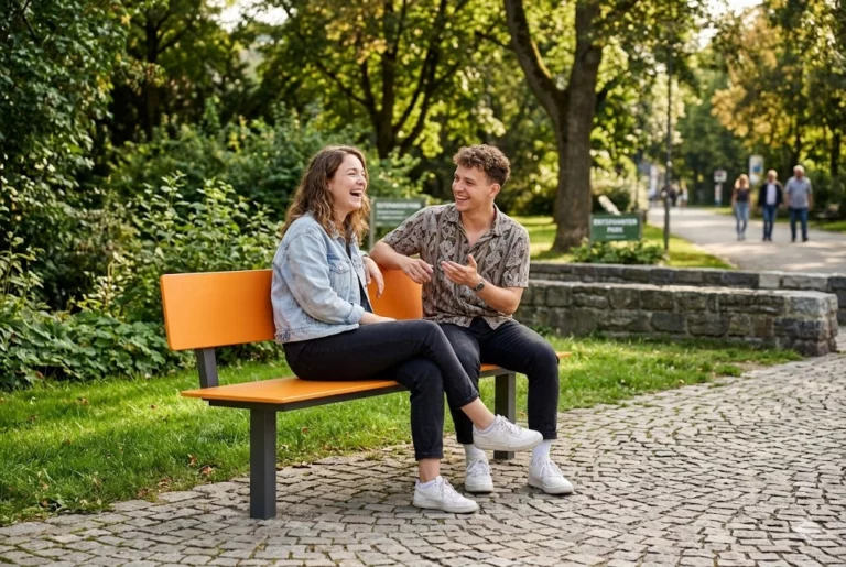 Banc urbain Tibia avec assise HPL installé dans un parc