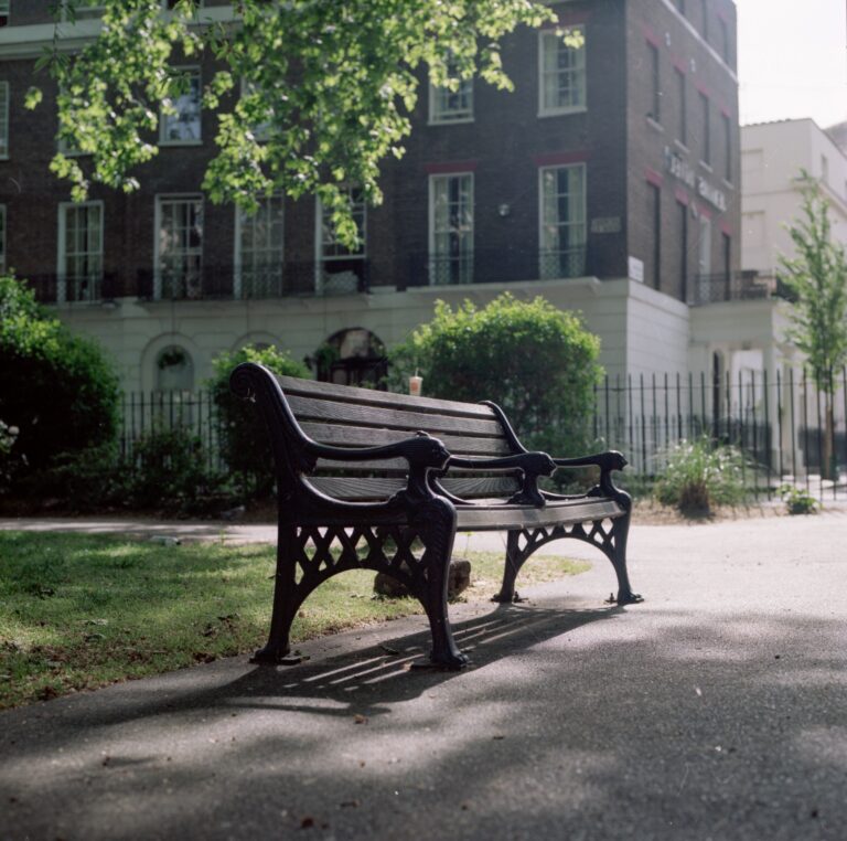 Banc public installé dans un parc urbain