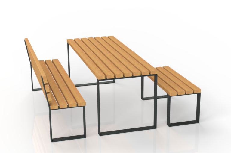 Table en bois pour extérieur Nobilis avec structure en métal et bancs assortis