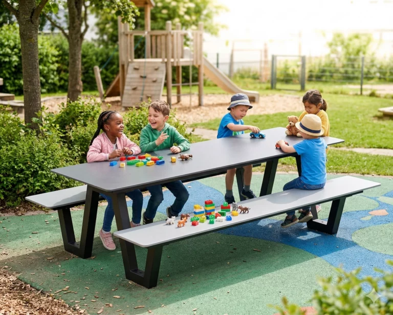 Table de pique-nique pour enfants Frigus HPL dans une cour d’école