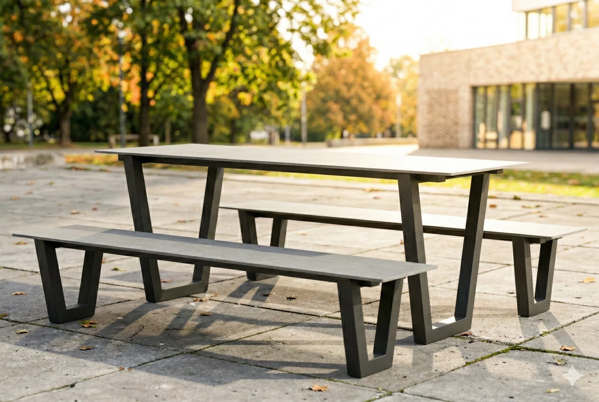 Table HPL Frigus avec plateau en HPL et bancs pour espaces publics
