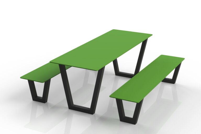 Table HPL Frigus verte avec bancs et plateaux en HPL pour extérieur