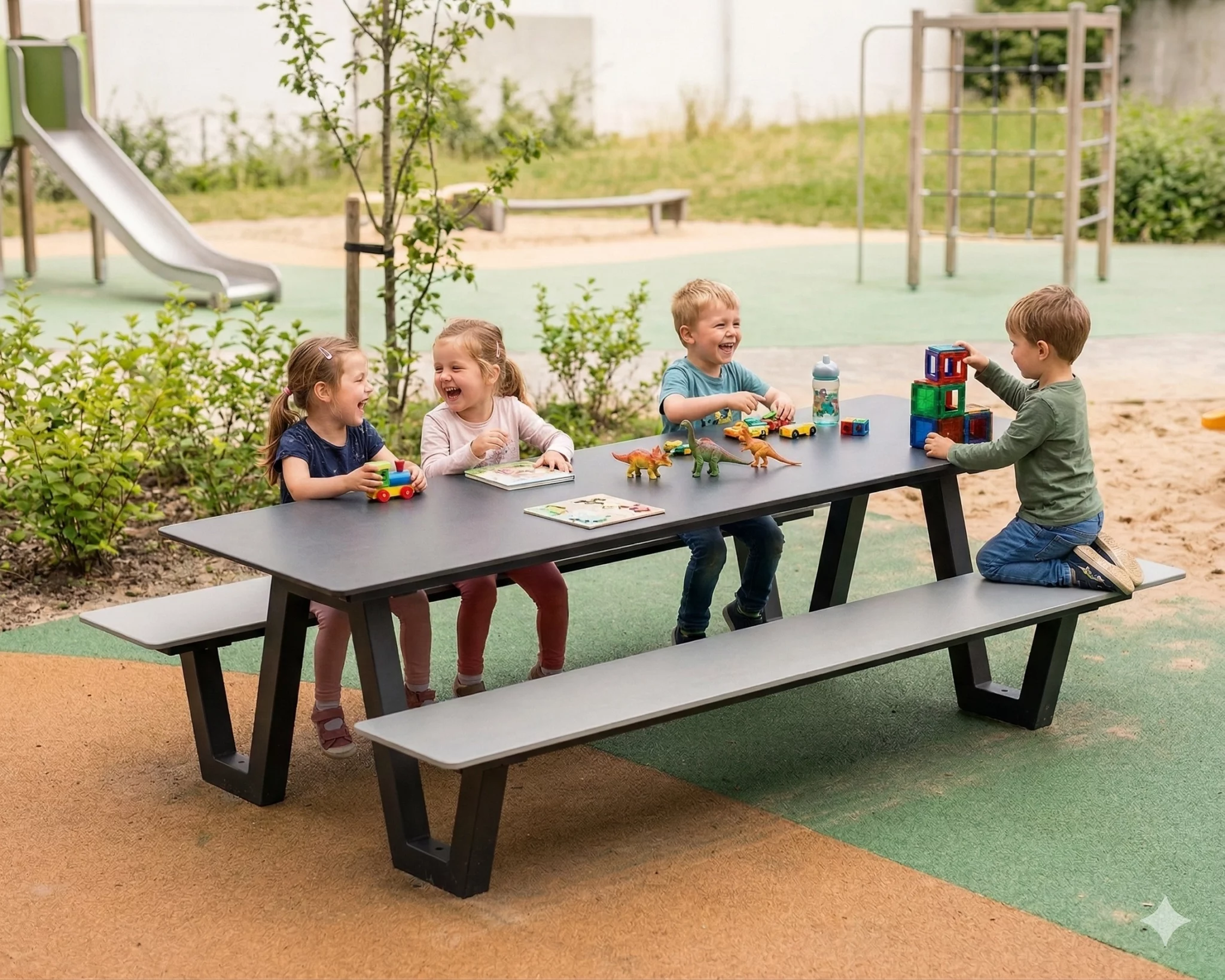 Table d’extérieur pour école Frigus HPL avec bancs hauteur enfants