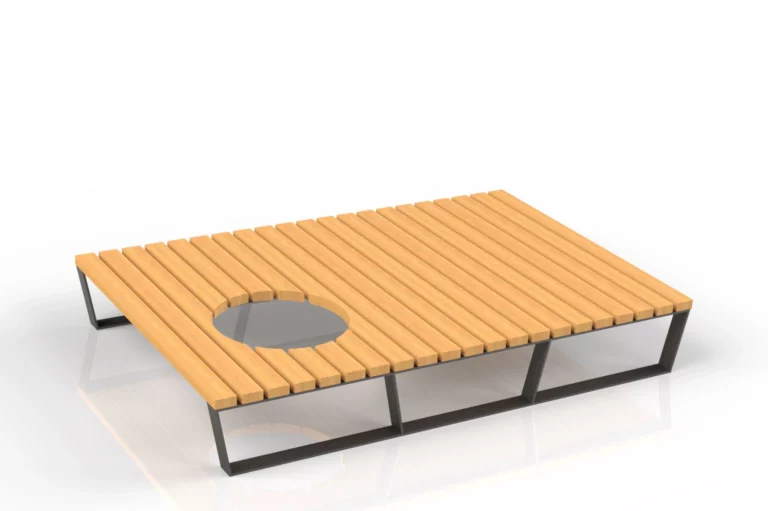 Plateforme en bois Nobilis avec découpe sur mesure permettant l’intégration d’un arbre