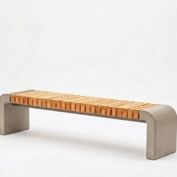 Moderne Sitzbank Rotundatus mit abgerundeten Betonfüßen und Holzauflage