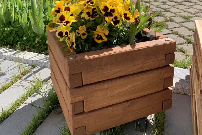 Kleiner Pflanzkübel aus Holz, bepflanzt mit gelben Blumen in einem privaten Garten