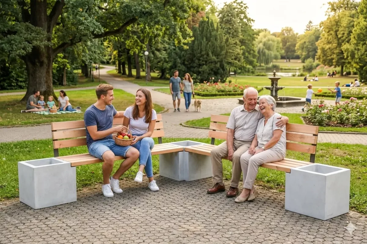 Eckbank Primus mit Pflanzkästen aus Holz und Beton im Park