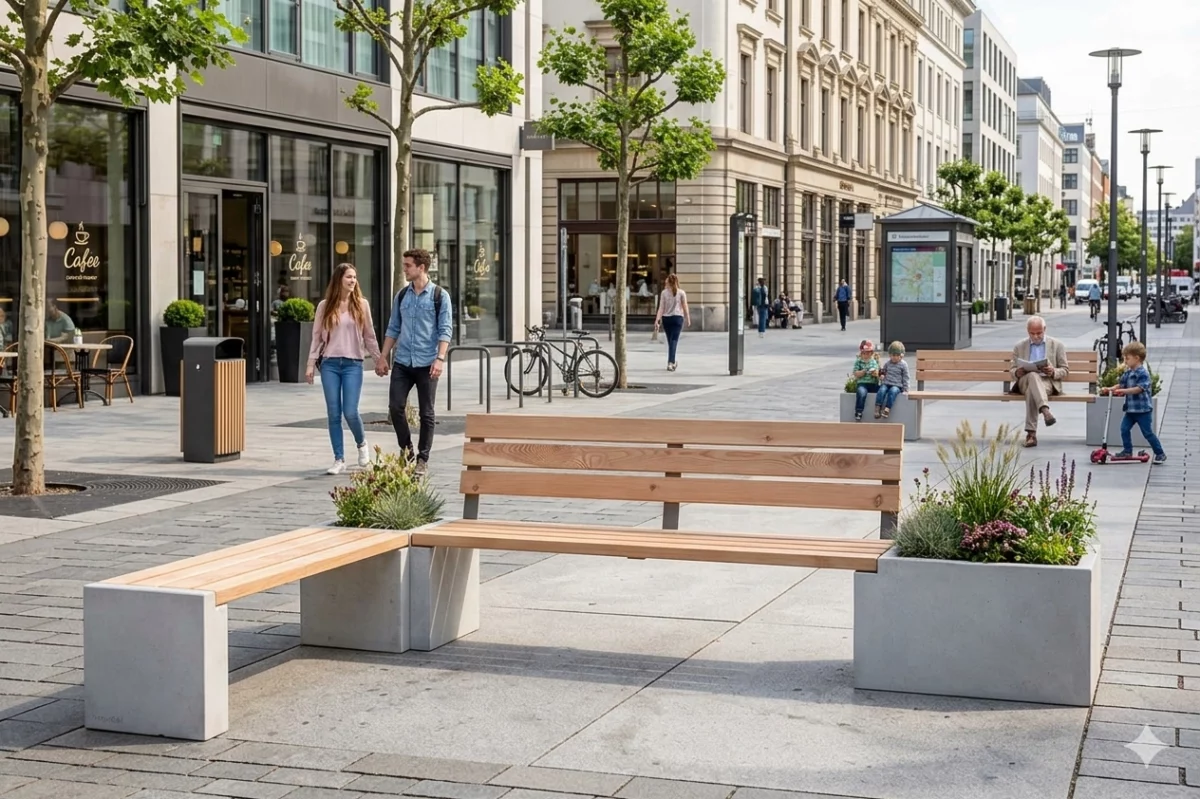 Eckbank Primus mit Pflanzkästen aus Holz und Beton in der Stadt