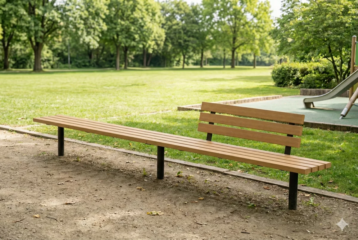 Modulare Reihenbank Tibia mit Holzauflagen im Park