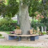 Baumbank aus Holz und Metall als Rundbank und Mehreckbank