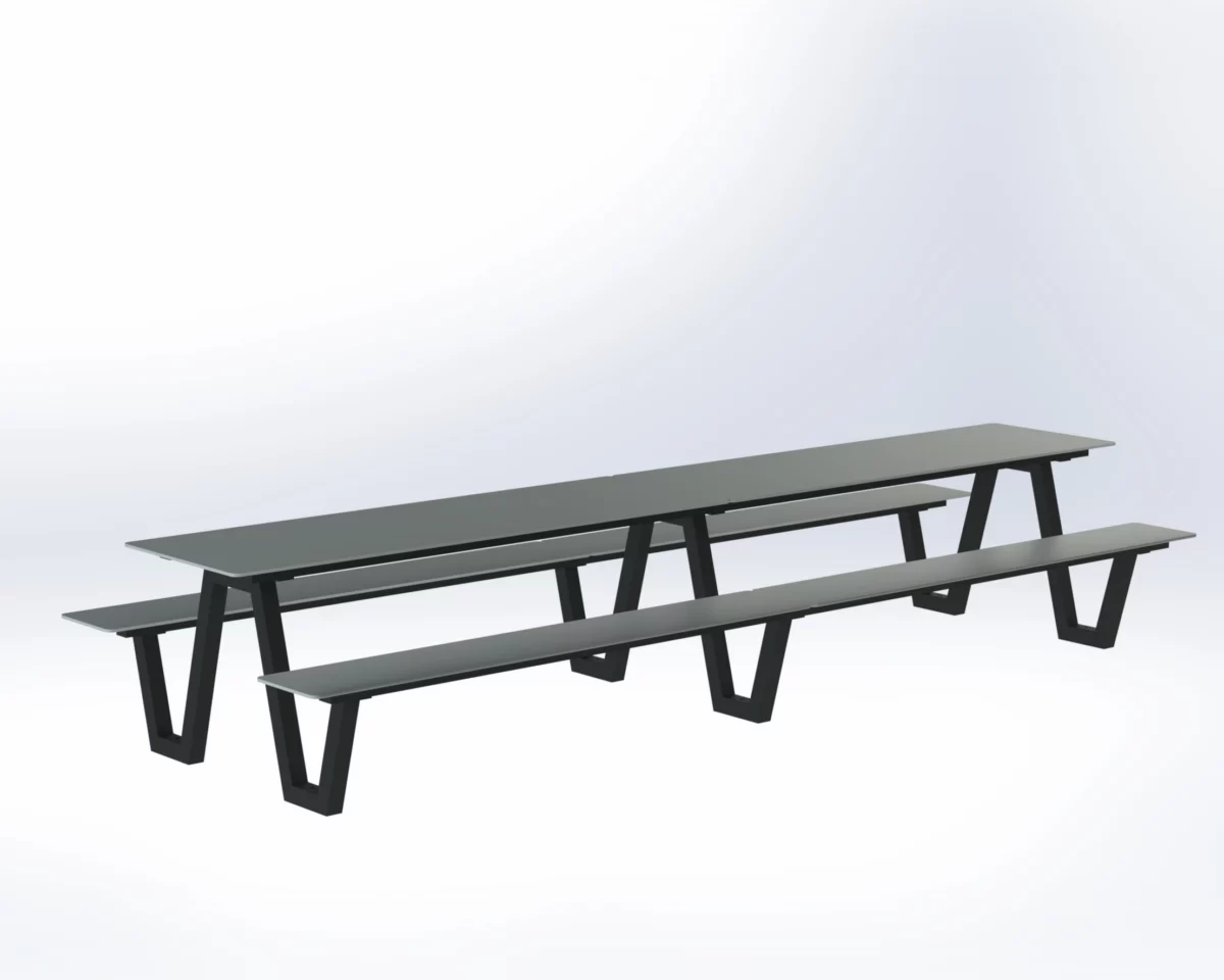 wetterfeste Sitzgruppe in Reihenlösung mit HPL-Tischplatte und passenden Bänken