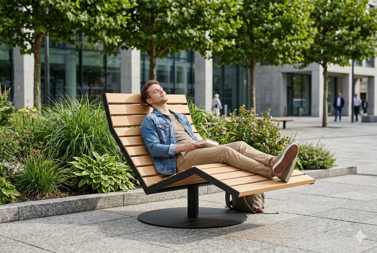 Person entspannt auf der drehbaren Liegebank Silentia im öffentlichen Raum
