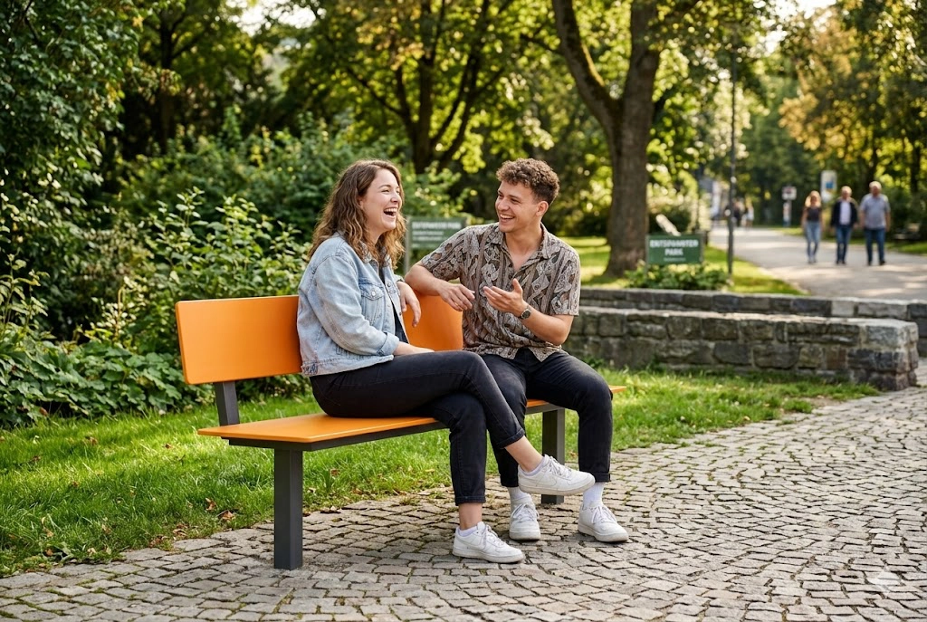 Moderne Parkbank Tibia aus Stahl mit HPL-Auflage und Lehne