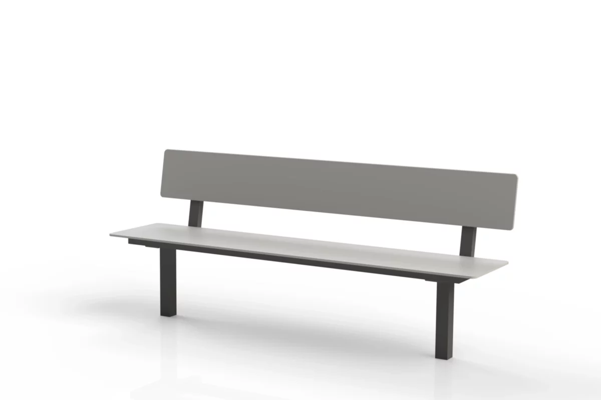 Stadtmöbel Sitzbank Tibia mit Lehne in grauer HPL-Ausführung
